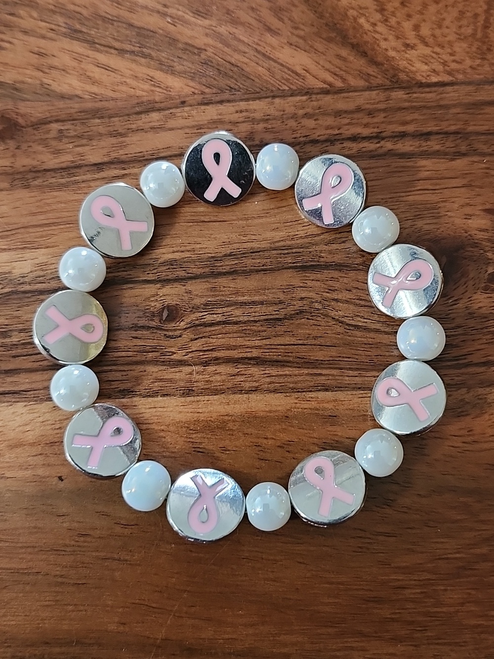Handmade Pink Ribbon Awareness Silver and White Beaded Bracelet